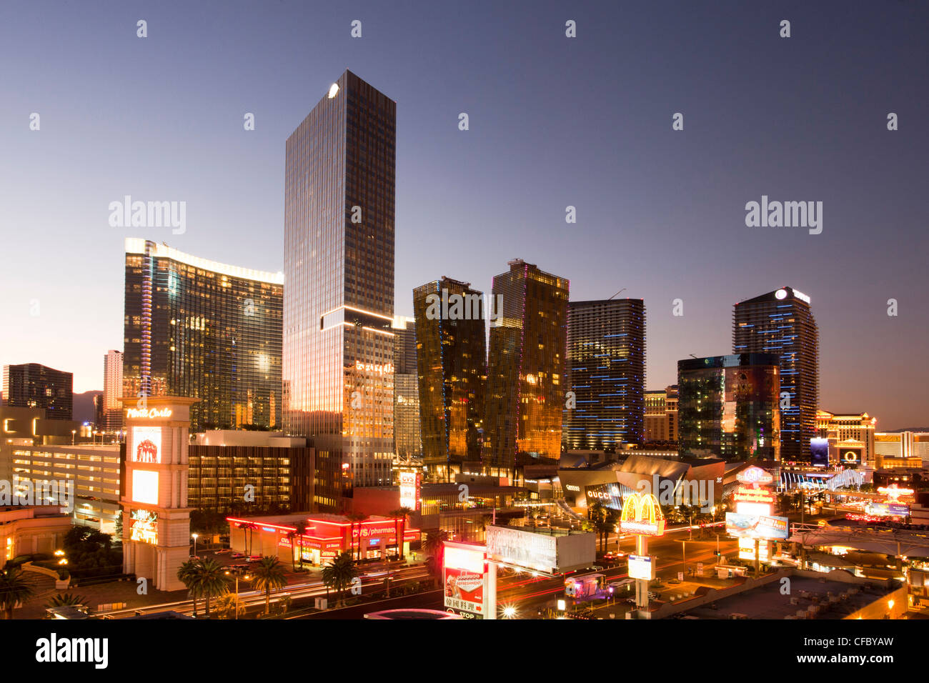 USA, United States, America, Nevada, Las Vegas, City, Strip, Avenue, Sunset, architecture, lean, busy, cars, casinos, center, co Stock Photo