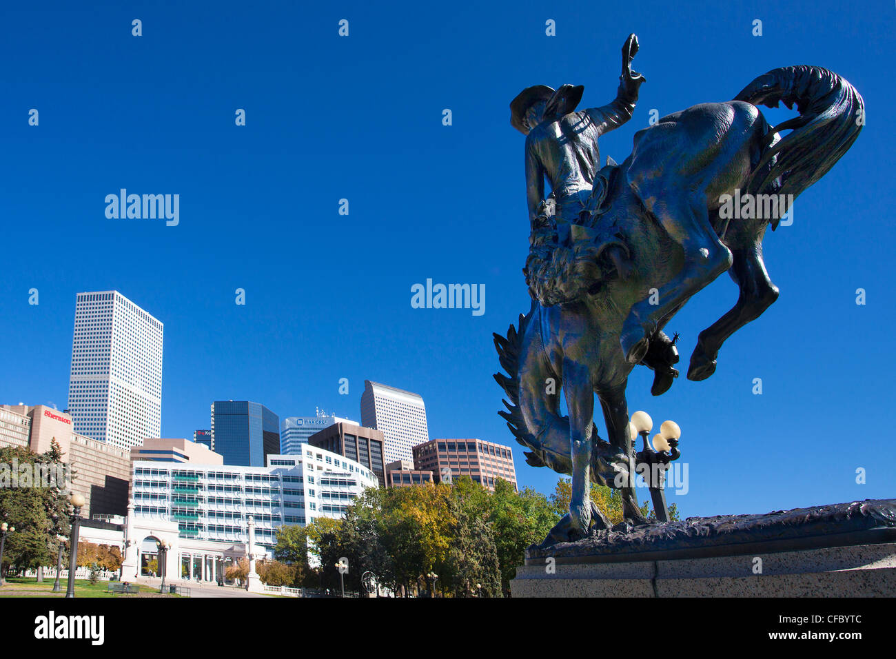USA, United States, America, Colorado, Denver, City, Bronco Buster, Sculpture, Civic Park, Downtown, blue, bronze, clear, downto Stock Photo