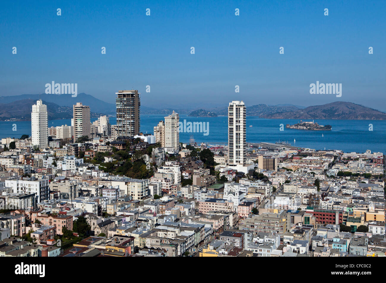 USA, United States, America, California, San Francisco, City, Russian Hill, Alcatraz, Island, bay, hill, island, skyline, skyscr Stock Photo