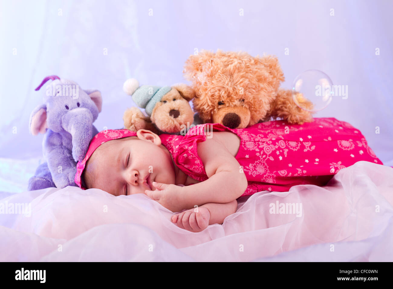 View of a newborn baby on smooth bed with stuffed toy sleeping. Stock Photo