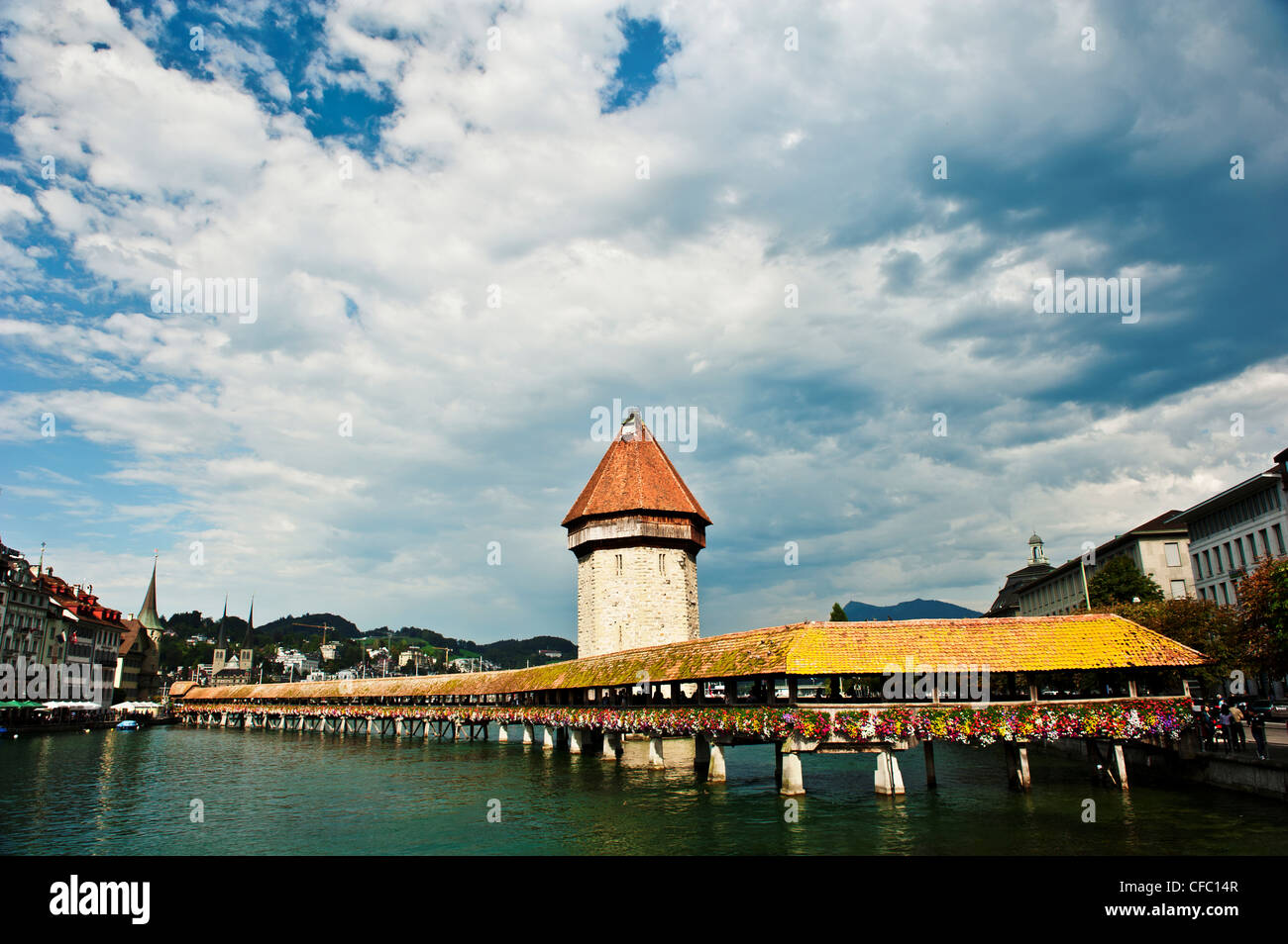 bridge, river, canton Luzerne, Luzerne, Chapel Bridge, Reuss, Switzerland, town, landmark, water, water tower, round path, Stock Photo