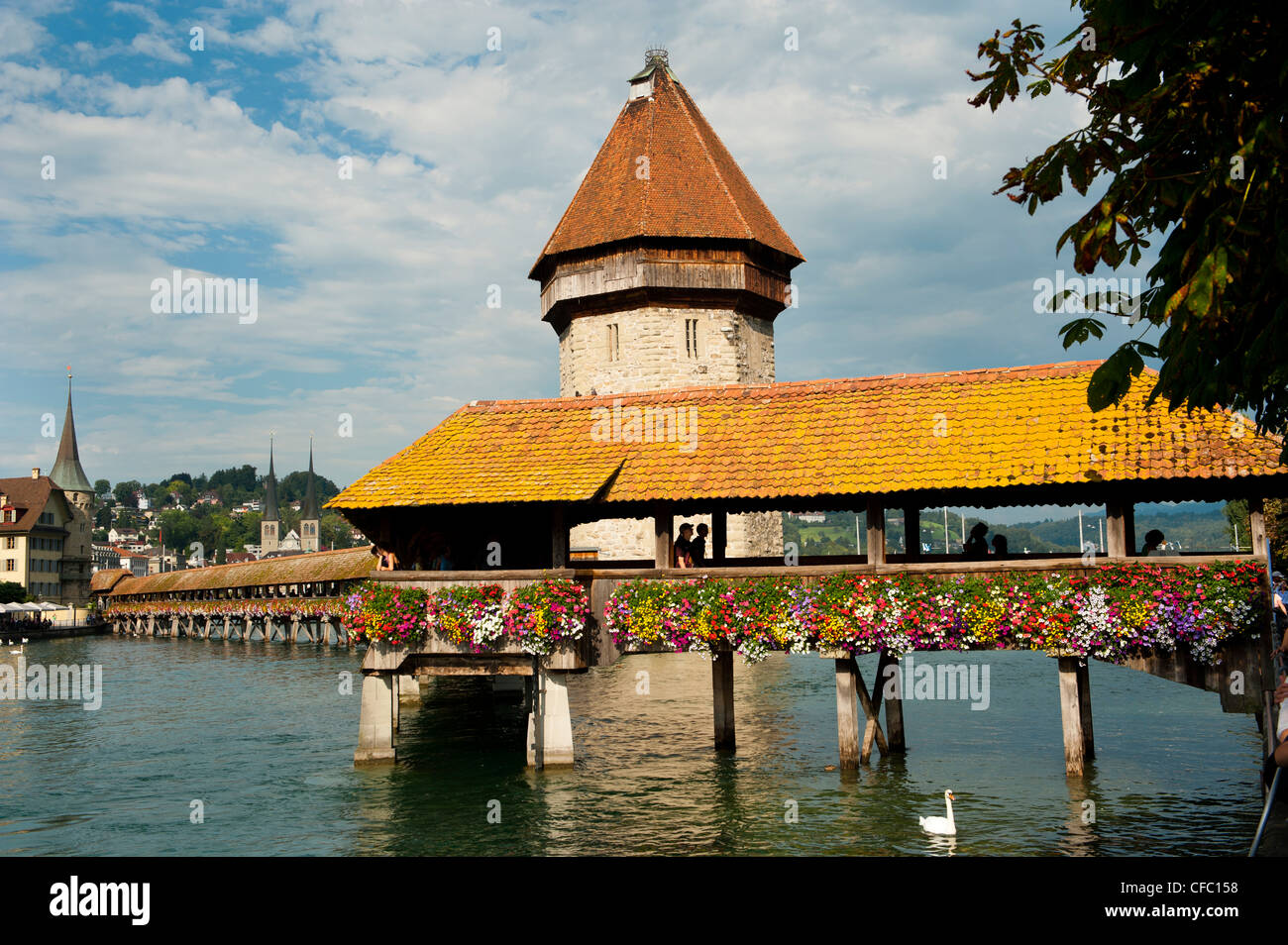 bridge, river, canton Luzerne, Luzerne, Chapel Bridge, Reuss, Switzerland, town, landmark, water, water tower, round path, Stock Photo