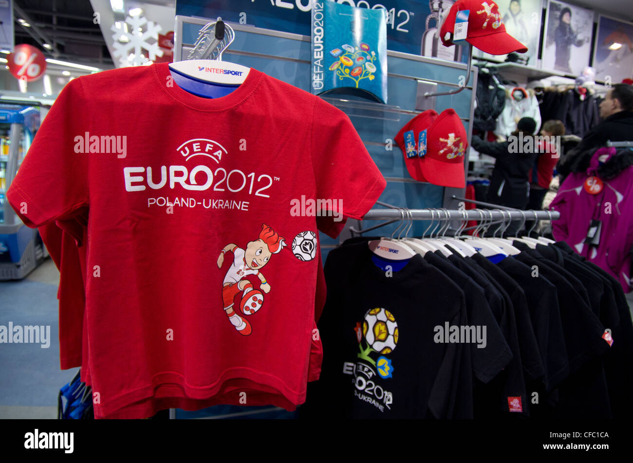 WARSAW,POLANDJAN. 24 official merchandise of football eurocup is sold