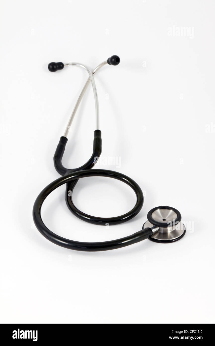 Stethoscope medical instrument on white background. Stock Photo