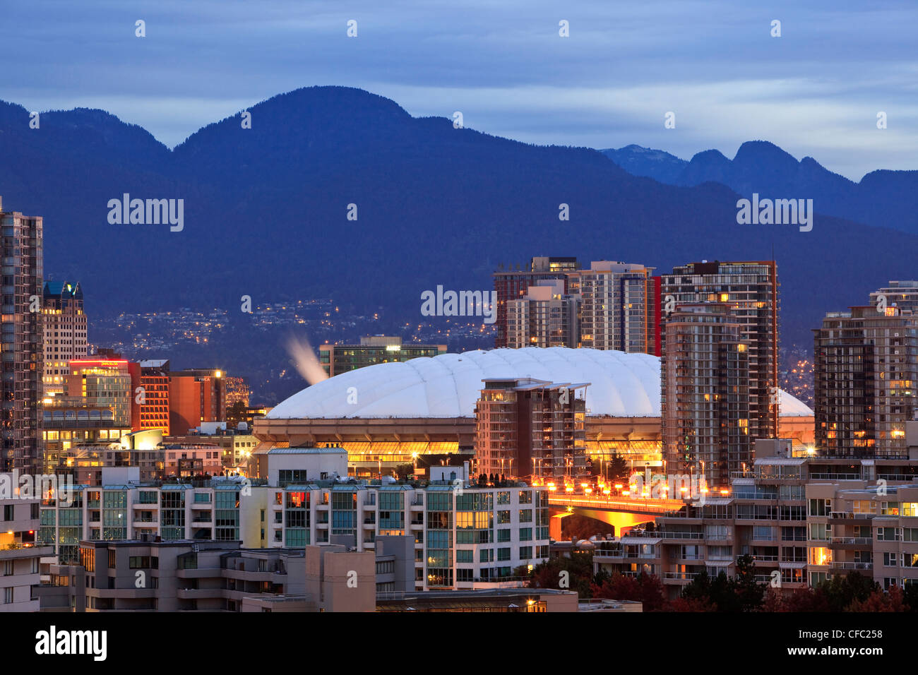 BC Place Stadium and the North Shore Mountains, venues for the 2010 Winter Olympic Games in Vancouver British Columbia Canada. Stock Photo