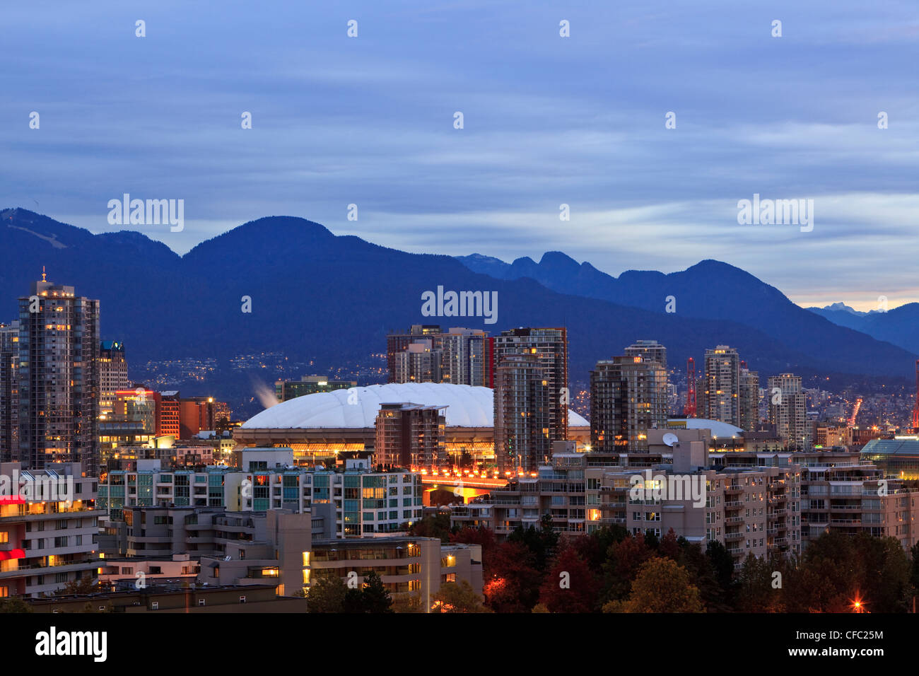 BC Place Stadium and the North Shore Mountains, venues for the 2010 Winter Olympic Games in Vancouver British Columbia Canada. Stock Photo