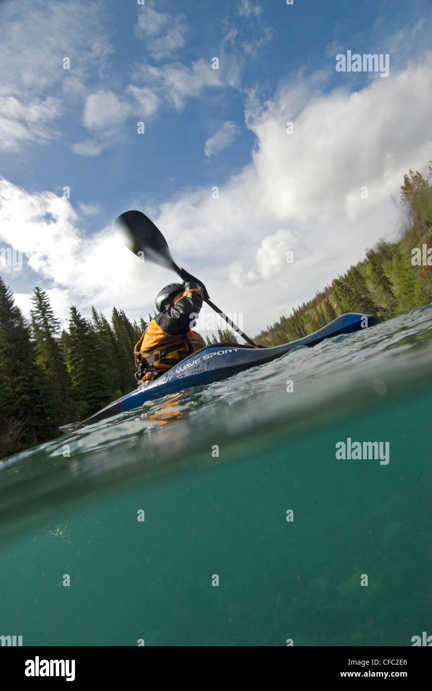A kayaker tries to stay upright on the Chilko RIver, British Columbia, Canada Stock Photo