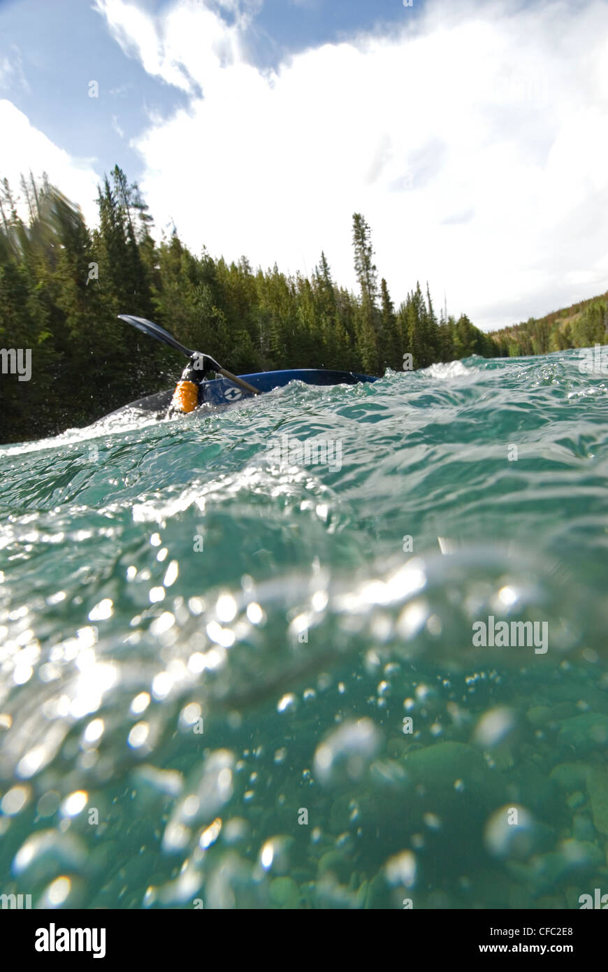 A kayaker tries to stay upright on the Chilko RIver, British Columbia, Canada Stock Photo