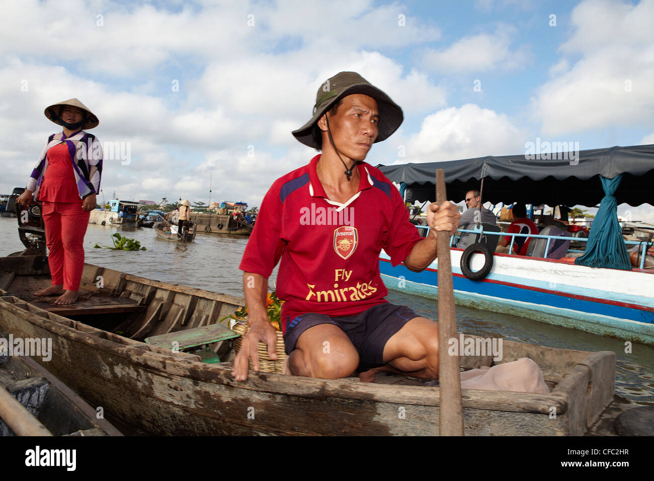 Traders on a floating market at Cai Rang, (Can Tho) Vietnam Stock Photo