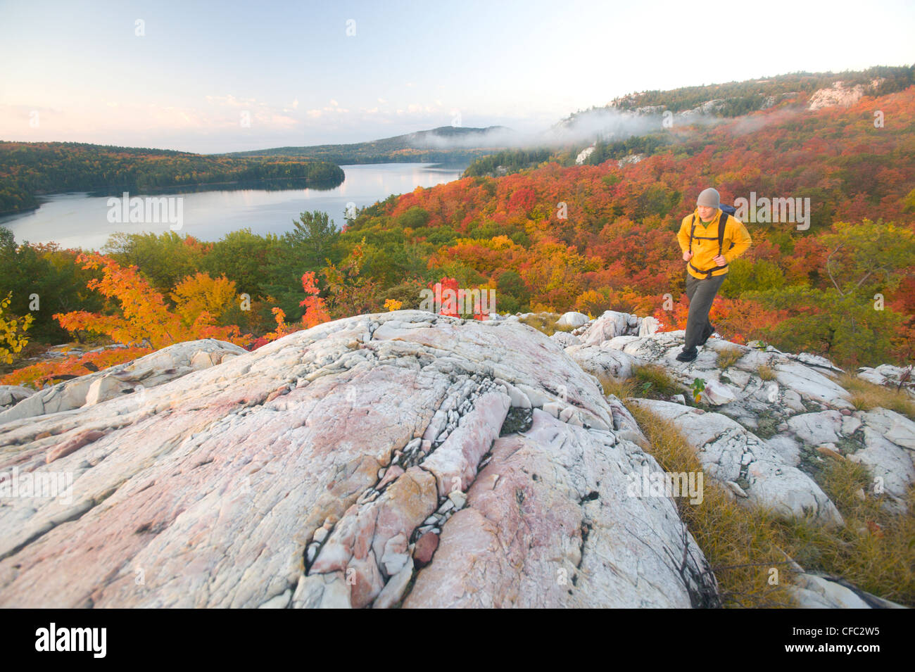 A male hiker on white quartzite ridges in Killarney Provincial Park ...