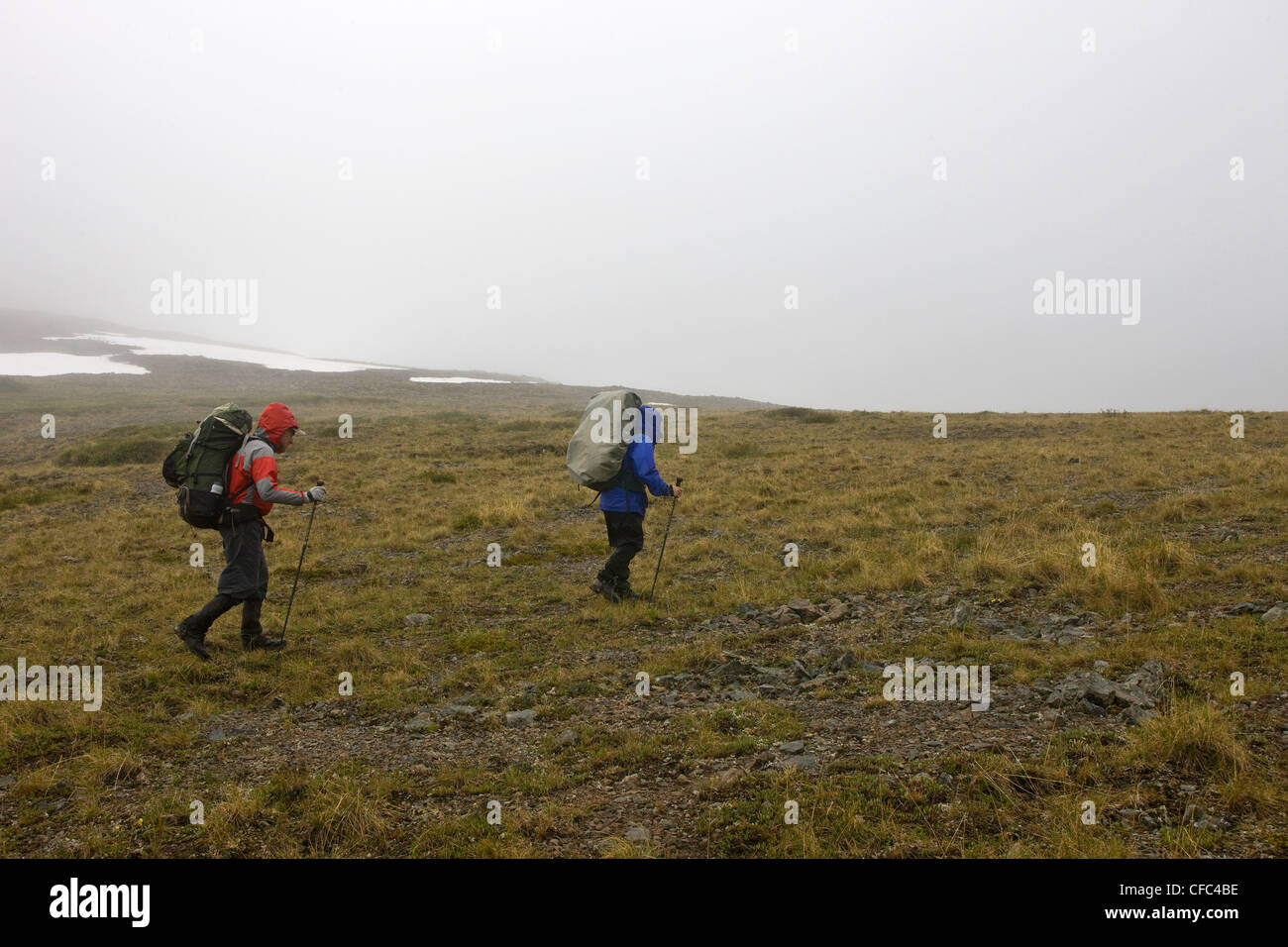 Hiking in a white-out in the volcanic landscape of the Itcha Mountains in British Columbia Canada Stock Photo