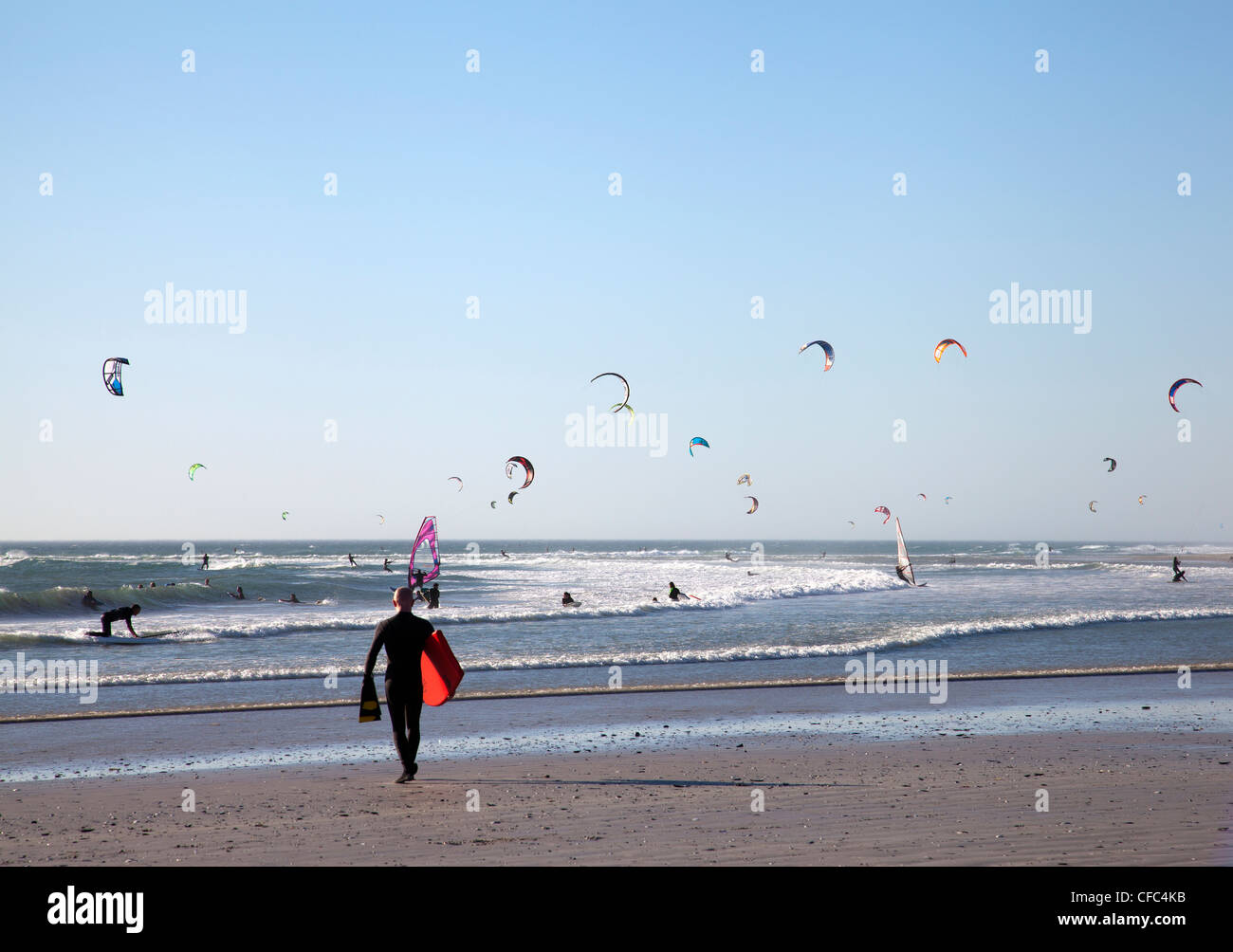 Kitesurfers on Big Bay - Bloubergstrand in Cape Town Stock Photo