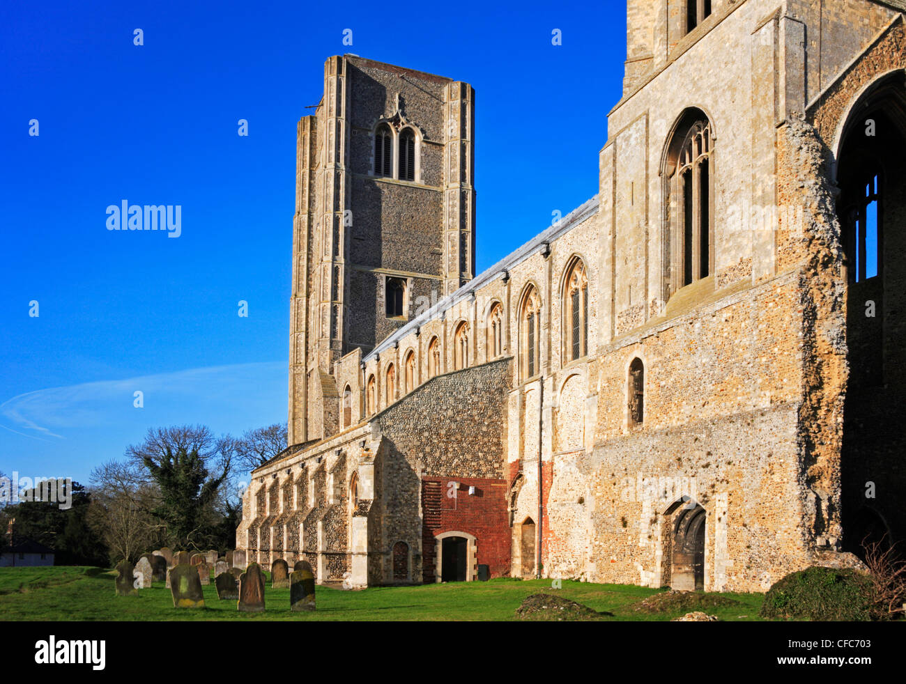 A view of Wymondham Abbey seen from the southeast on a bright winter