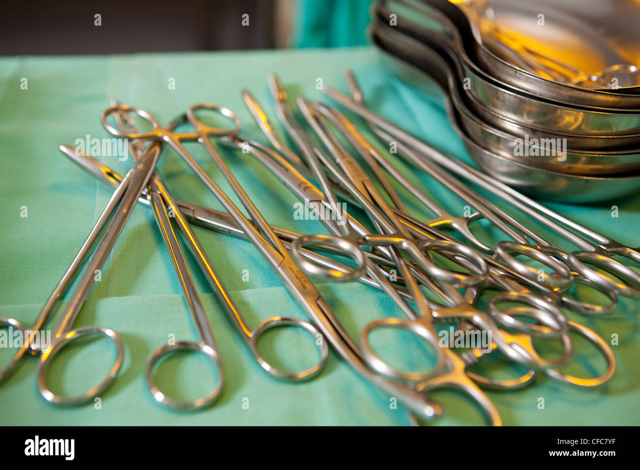 Close up of clamps, surgical instruments, Medical and surgical
