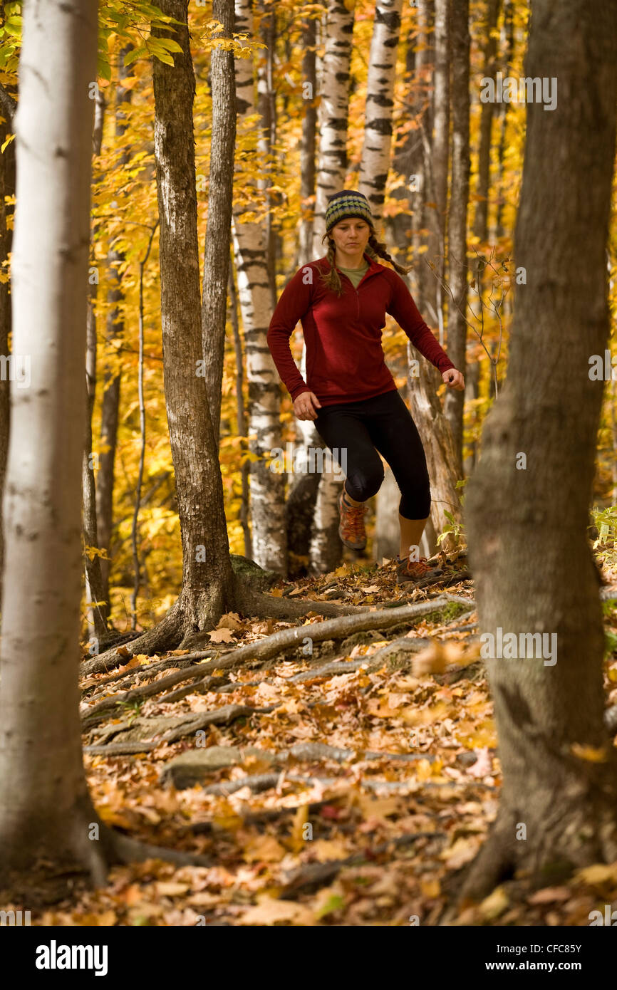 A young woman trail running in Mt Orford, Quebec Stock Photo - Alamy