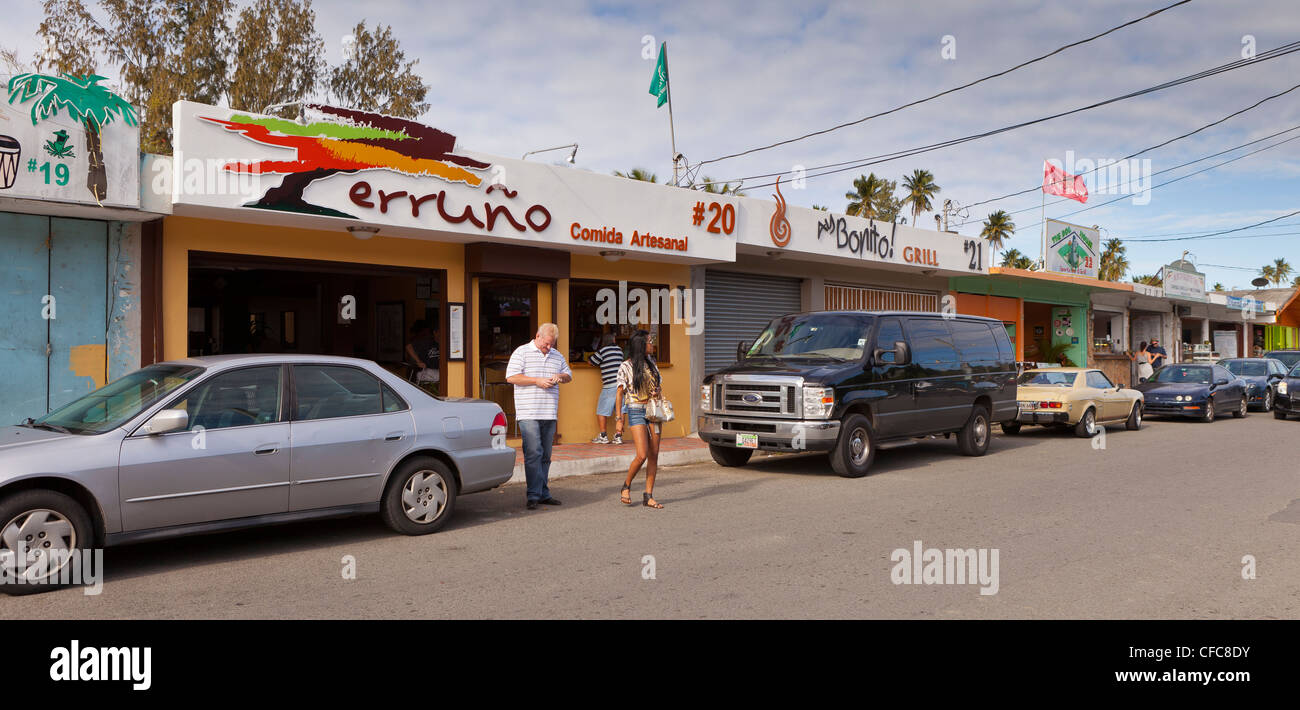 LUQUILLO, PUERTO RICO - Kiosk restaurants with typical fried snack foods. Stock Photo