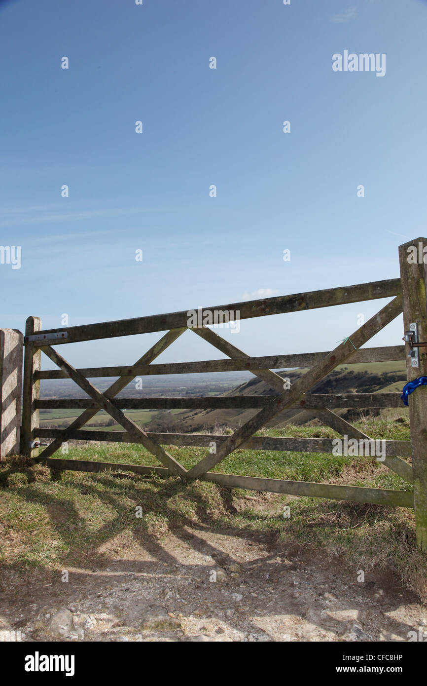 An old wooden gate at Ditchling Beacon on the South Downs, West Sussex, England. Stock Photo