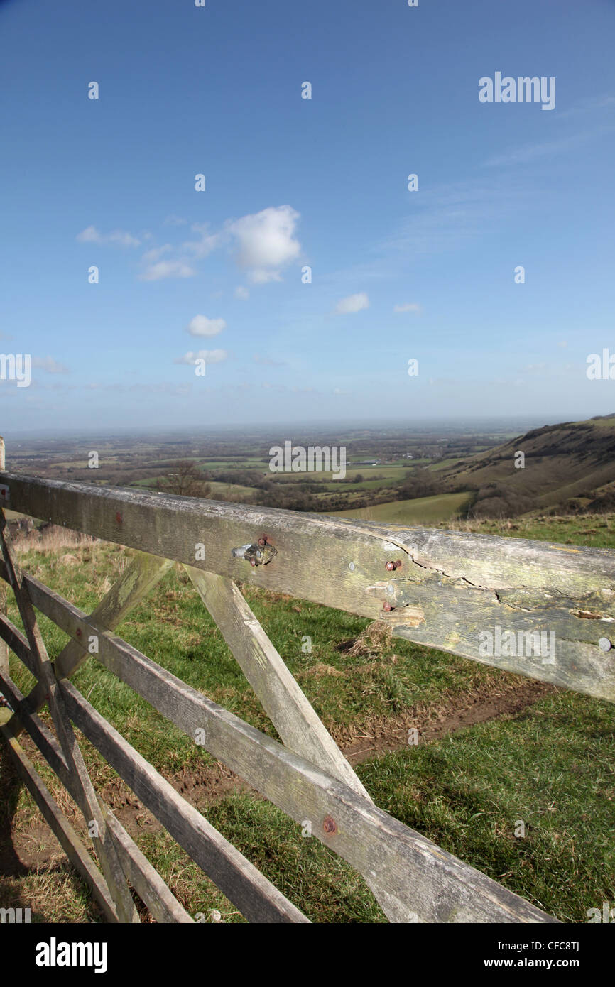 An old wooden gate at Ditchling Beacon on the South Downs, West Sussex, England. Stock Photo