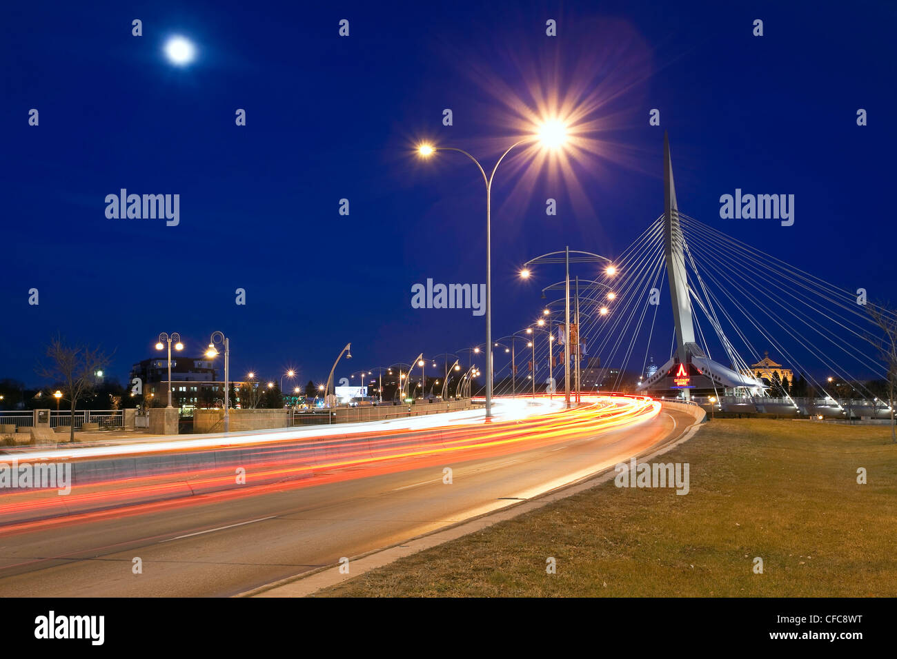 Esplanade Riel Bridge on a moonlit night. Winnipeg, Manitoba, Canada. Stock Photo