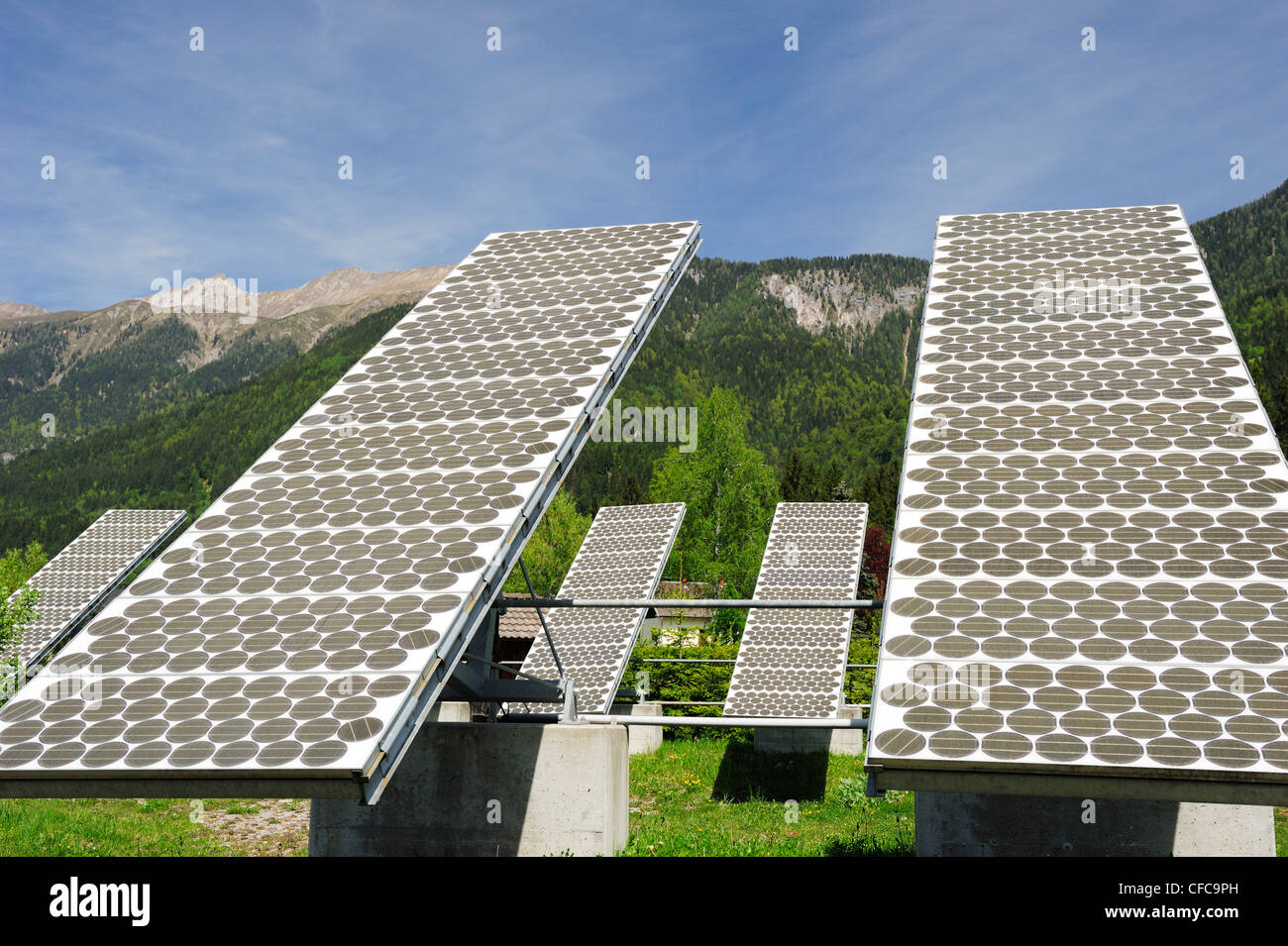 Solar panel in front of mountains, solar plant, photovoltaics, valley of Gailtal, Carinthia, Austria, Europe Stock Photo