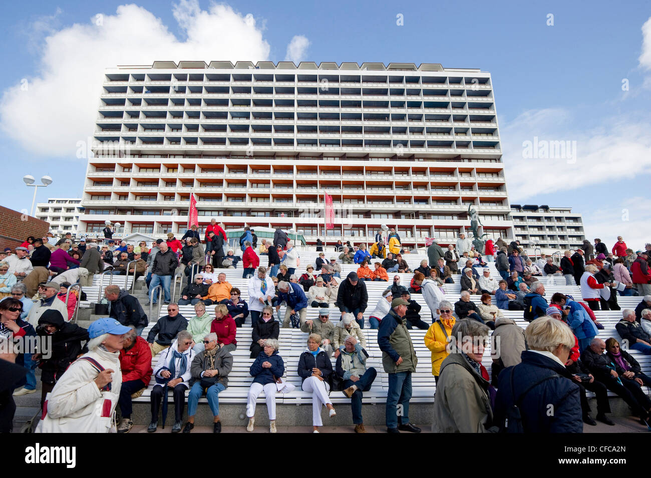 vacationers at boardwalk, Westerland, Sylt, Schleswig-Holstein, Germany Stock Photo