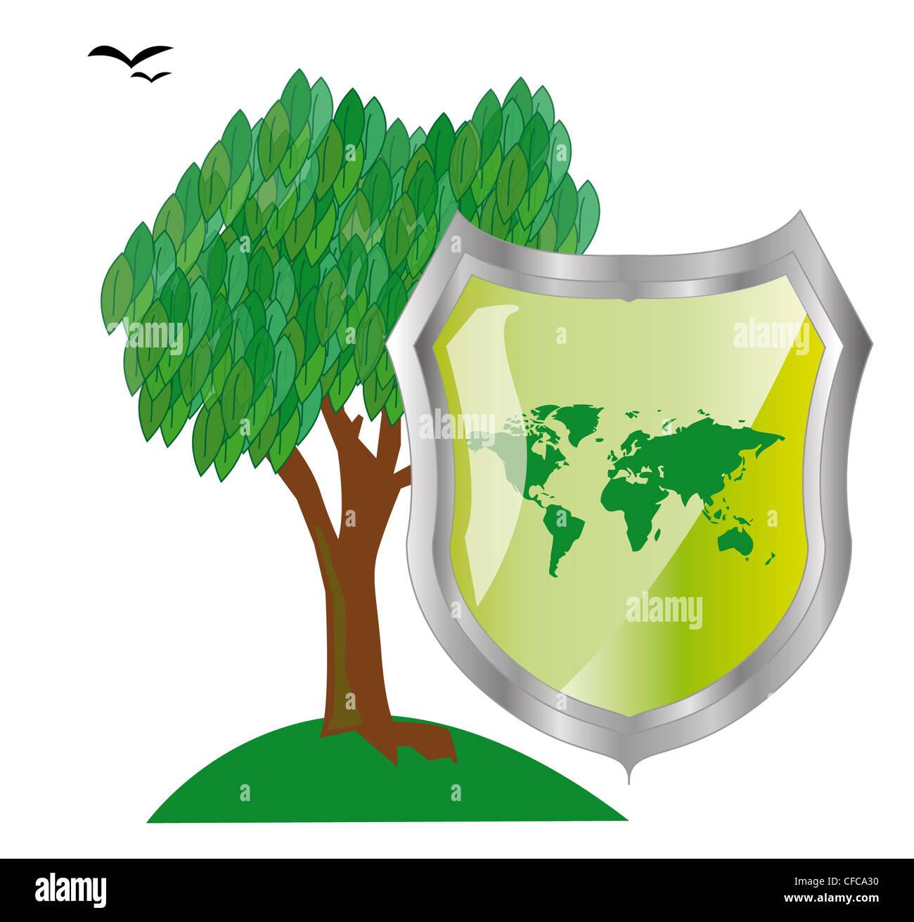 Tree with green leaves and shield. Protection of nature Stock Photo - Alamy