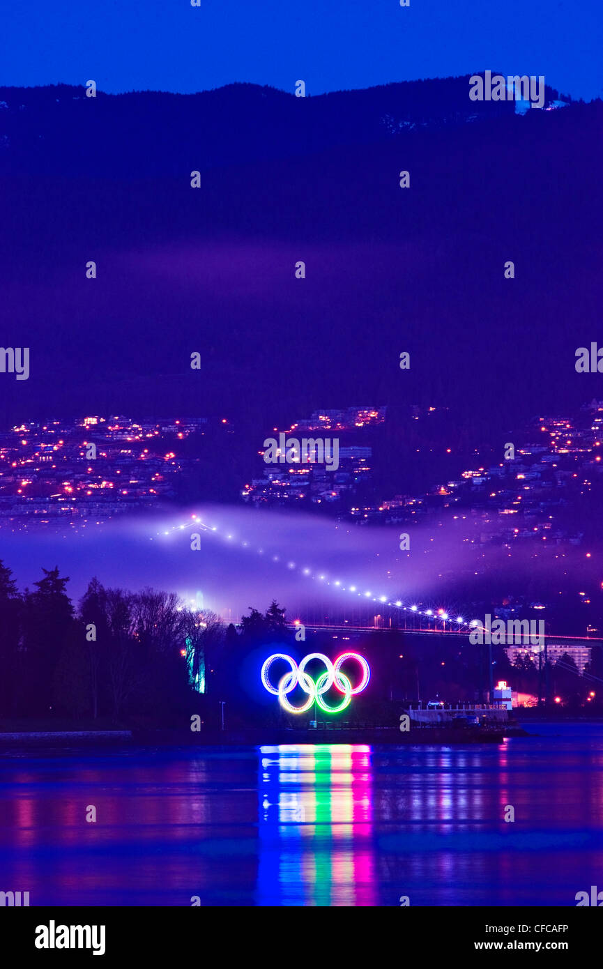 Olympic rings and North Vancouver skyline Stock Photo