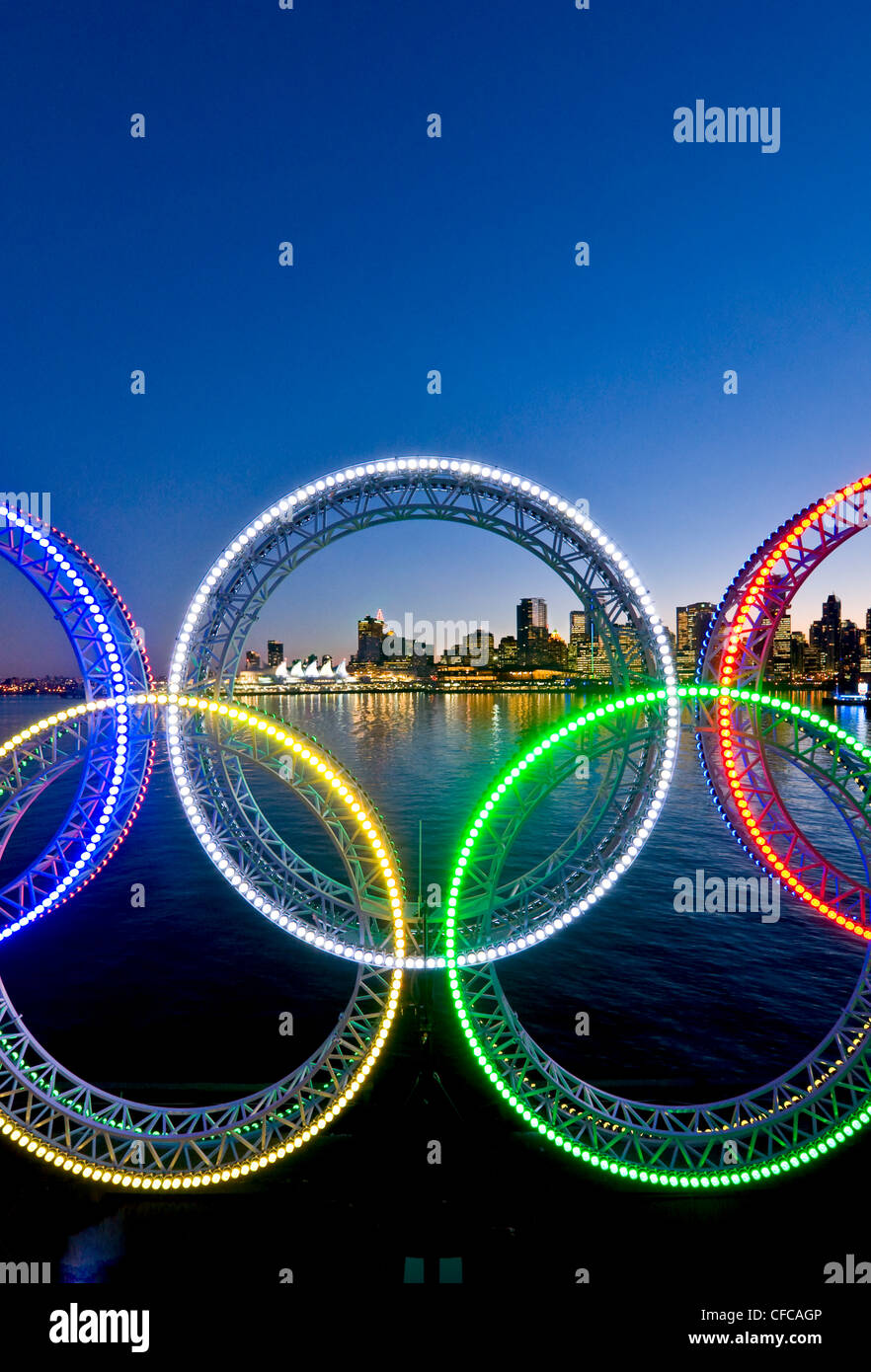 Olympic Rings and Vancouver Skyline Stock Photo
