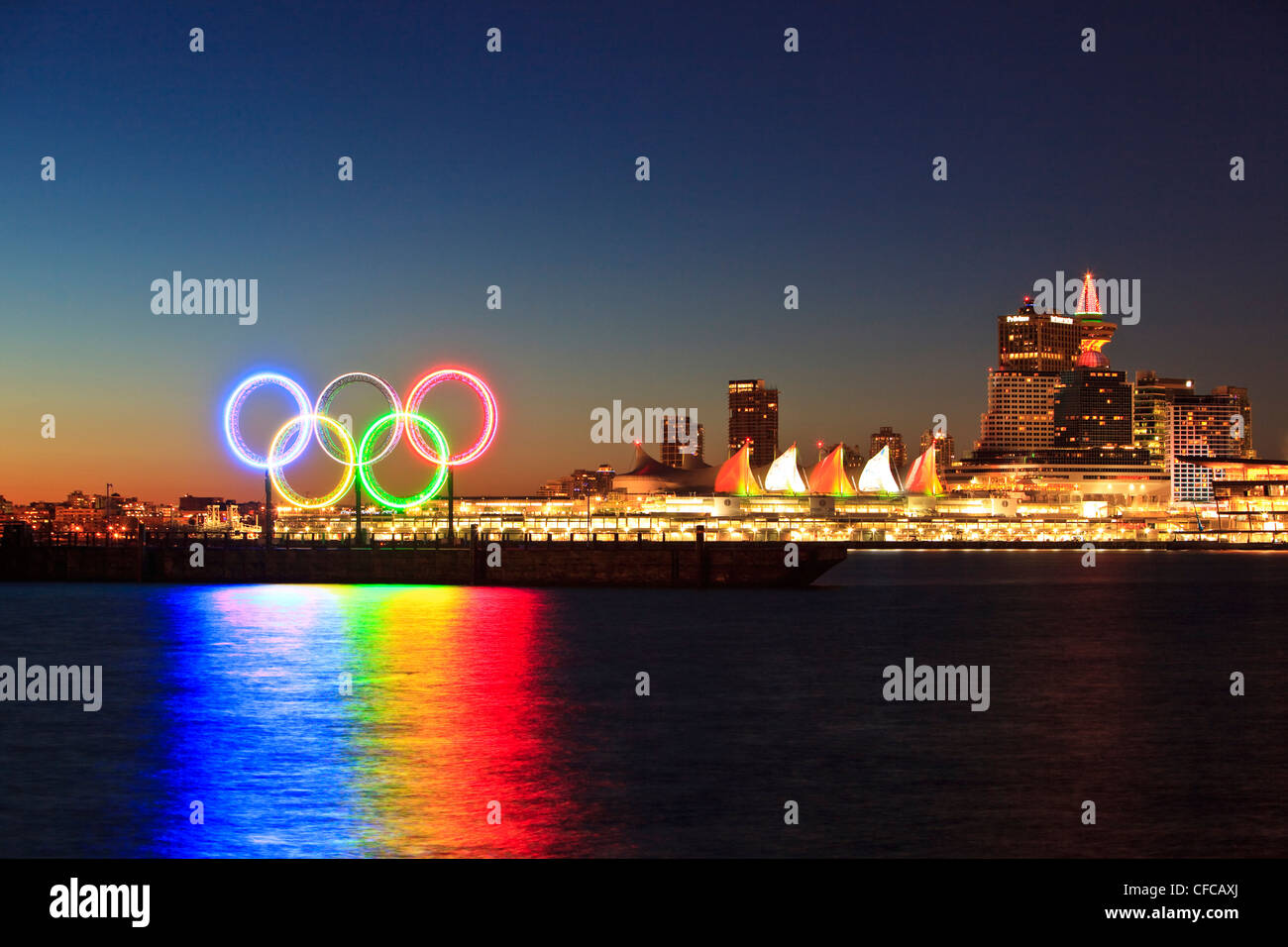 The Olympic Rings light up Coal Harbor/Harbour Stock Photo