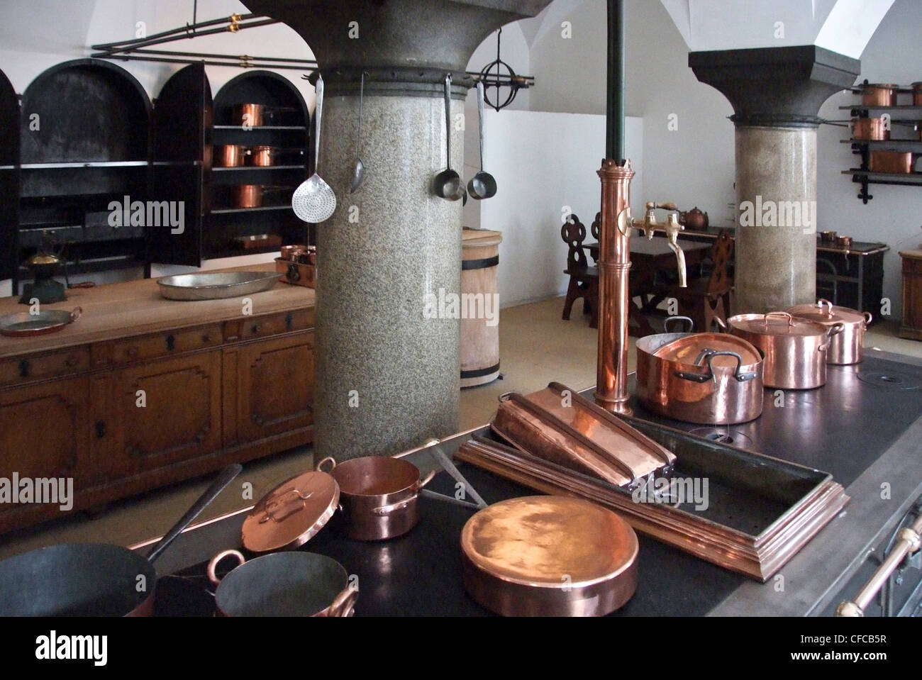 Germany, Neuschwanstein castle, copper, kitchen, pots, utensils Stock