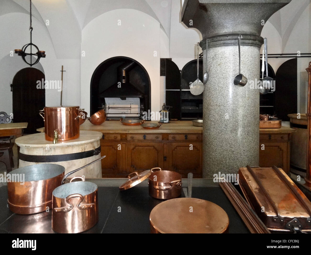 Germany, Neuschwanstein, castle, copper, kitchen, pots, utensils Stock Photo