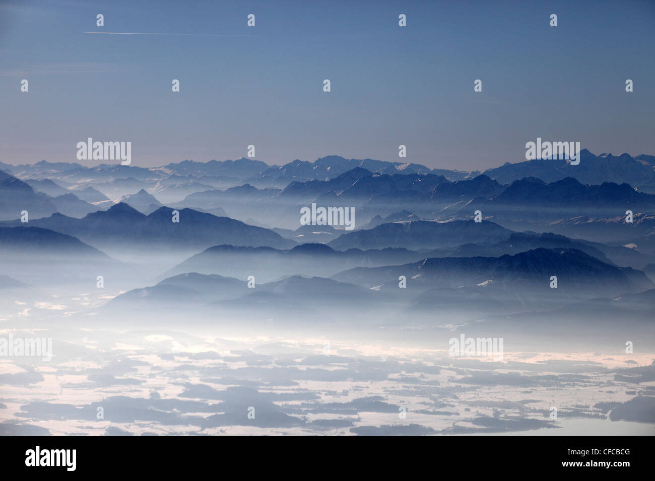 View south towards the Chiemgau and Austrian Alps, Chiemgau, Bavaria, Germany Stock Photo