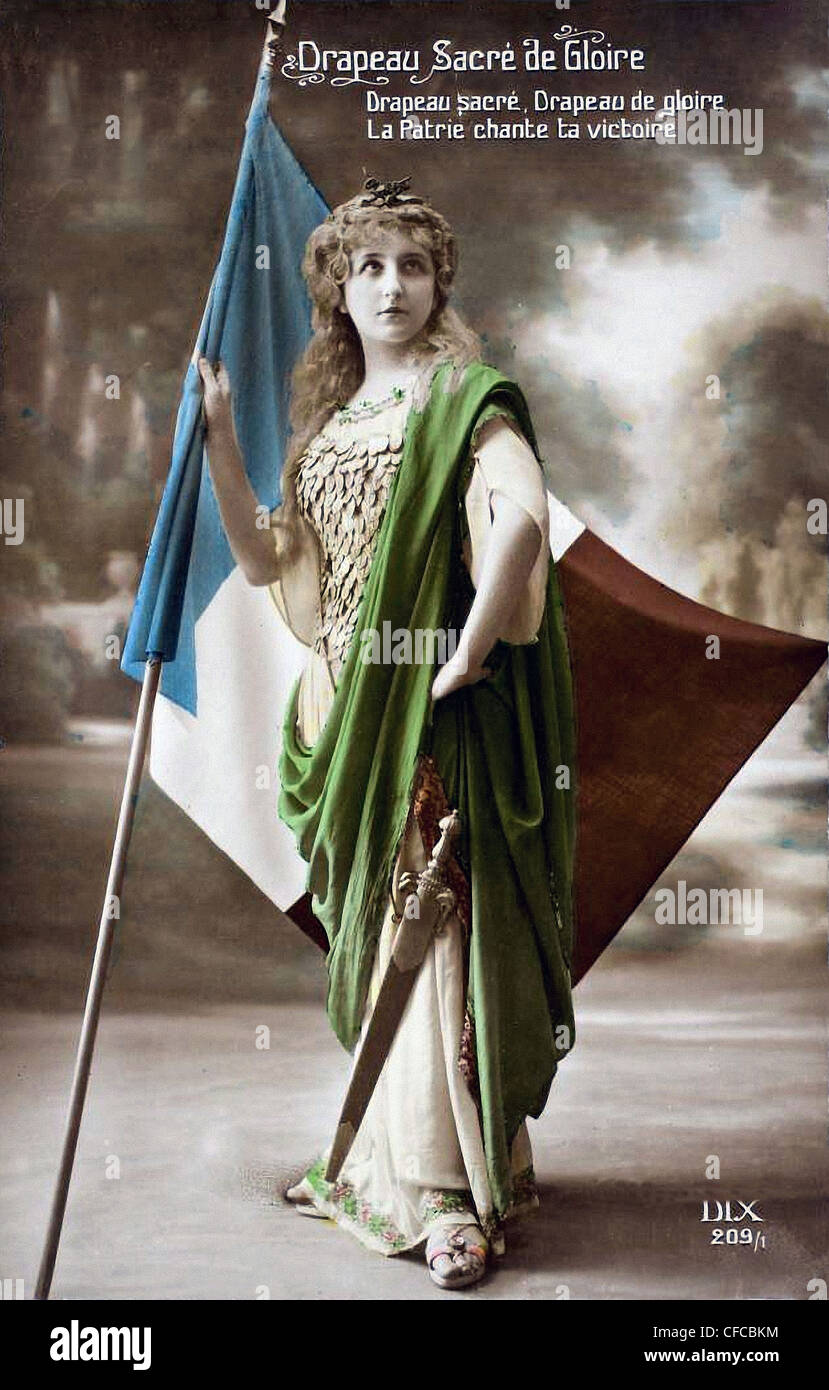 The holy flag of glory, woman, postcard, flag, France, 1915, World War I, War, World War, Europe, 1914-1918, Stock Photo