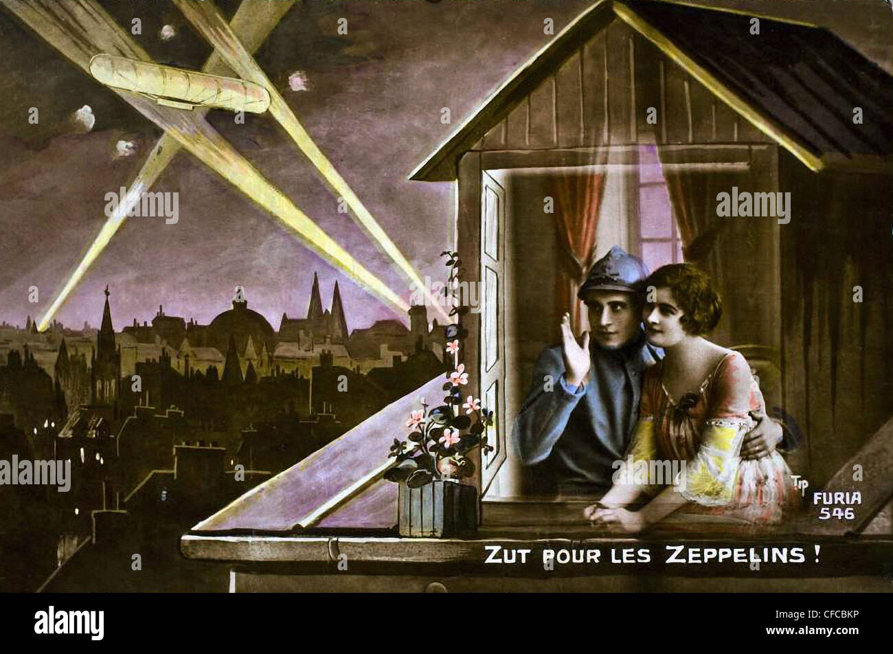 France, 1915, World War I, War, World War, Europe, 1914-1918, postcard, Zeppelin, French, Soldier, woman, window, sky, France Stock Photo