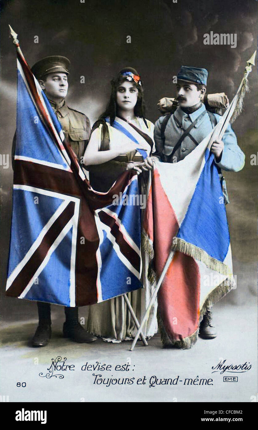 France, 1915, World War I, War, World War, Europe, 1914-1918, postcard, flags, England, France, soldier, Stock Photo