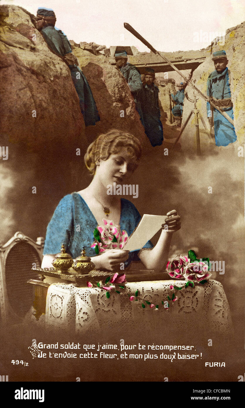 France, 1915, World War I, War, World War, Europe, 1914-1918, postcard, woman, wife, love, soldiers, army, military, illustratio Stock Photo