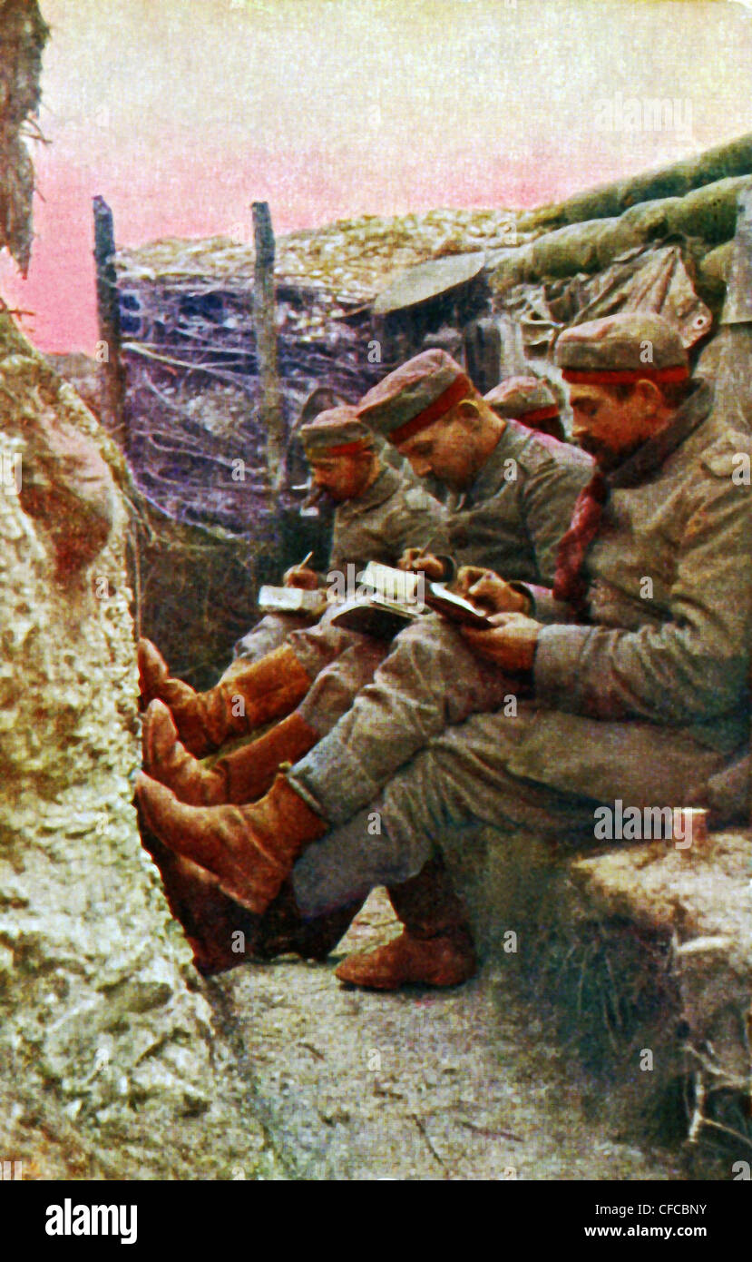 four, German soldiers, army, military, regiment, infantry division, trench, writing, Western Front, World War I, War, World War, Stock Photo