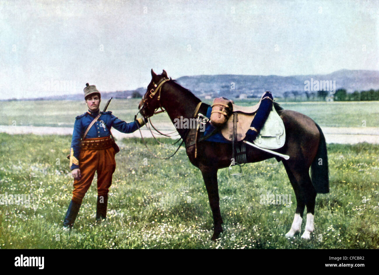 French, brigadier, horse, battle, Marne, Western Front, World War I, War, World War, Europe, 1914-1918, France, 1914, Autochrome Stock Photo