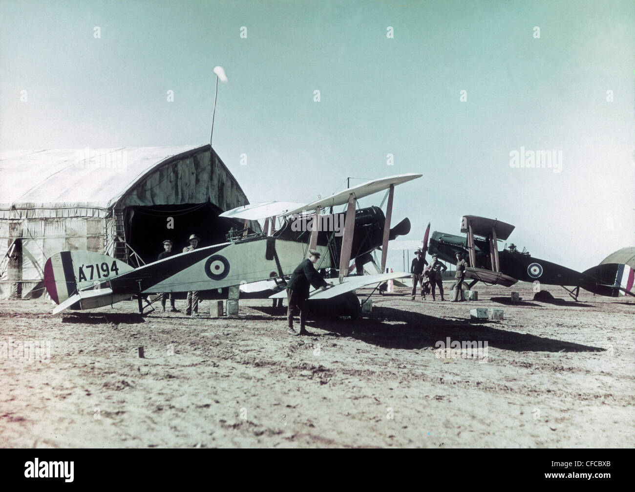Airplane, biplane, Bristol, Fighter, aircraft, Australian, Flying Corps, El Mejdel, base, pilot, Ottoman Empire, Middle East, Wo Stock Photo