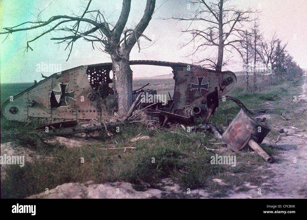 wreck, German tank, destroyed  battle, Western Front, World War I, War, World War, Europe, 1914-1918, France, Autochrome, Stock Photo