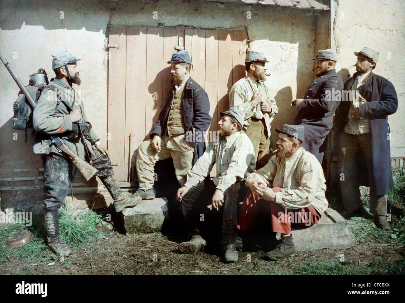 Seven, French, soldiers, army, military, talking, building, Western Front, gun, equipment, World War I, War, World War, Europe, Stock Photo