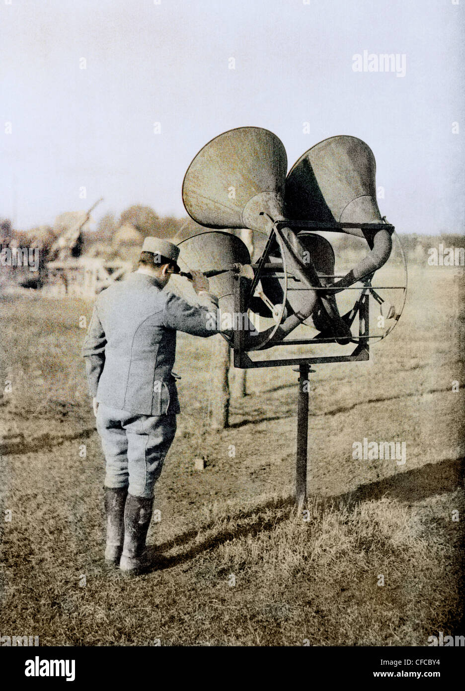 French, soldier, army, military, acoustic, listening, device, air planes, noise, anti-aircraft, Western Front, World War I, War, Stock Photo