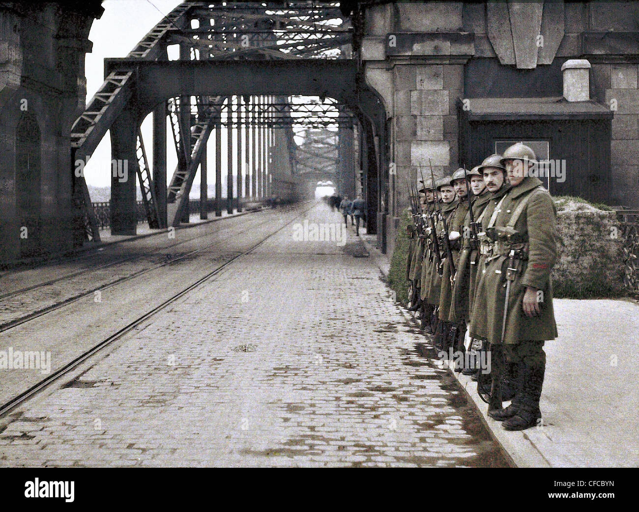 Belgian, soldiers, army, military, guarding, bridge, occupation, Demilitarized, Zone, Rhineland, troops, Germany 1921, Autochrom Stock Photo