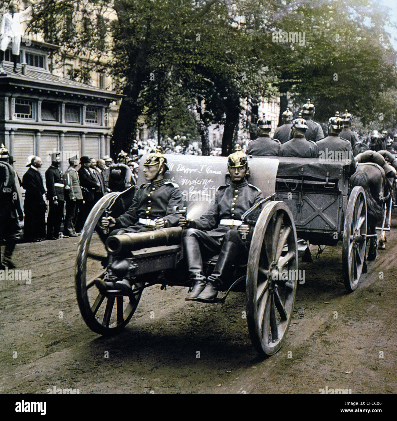 Parade, German, soldiers, army, military, guns, horse drawn, carriages, World War I, War, World War, Europe, 1914-1918, Unter de Stock Photo