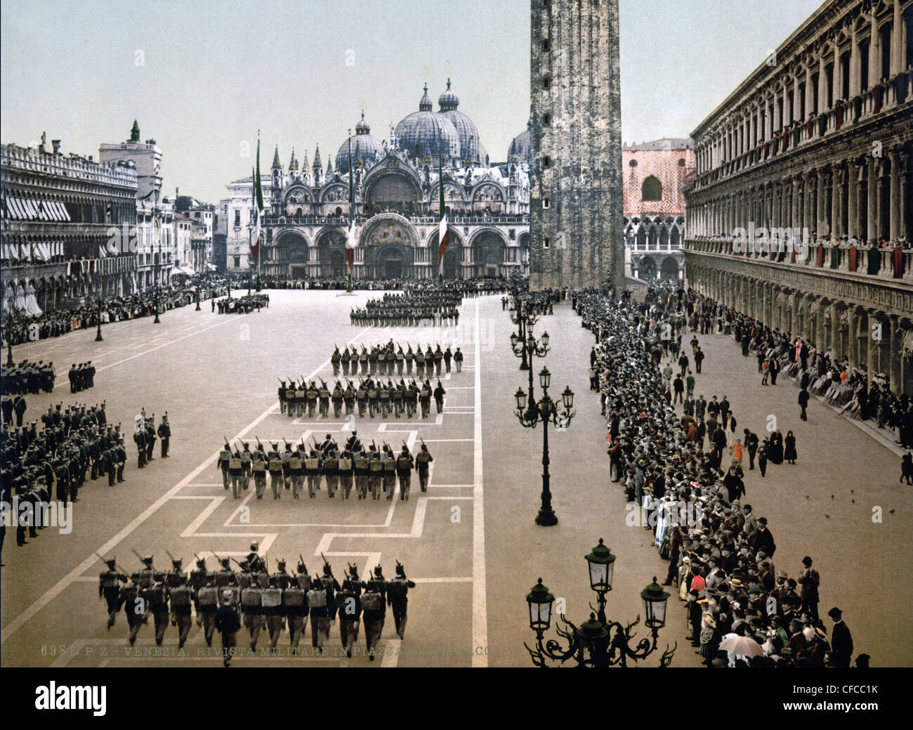 Italian, military, parade, Saint Mark's Square, Venice, Groups, soldiers, army, military, marching church, Italy, 1910, army, Wo Stock Photo