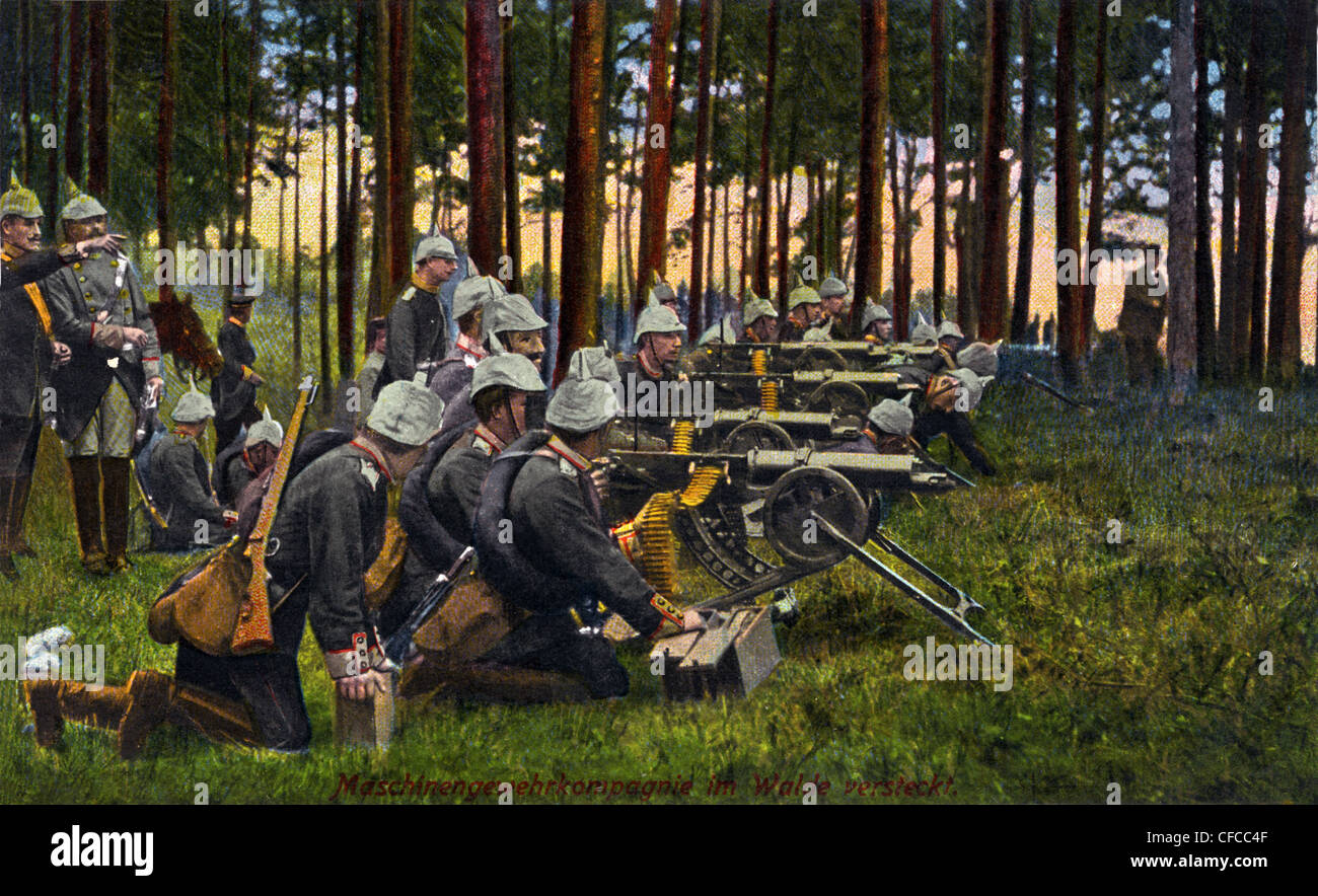 Machine gun, gun, company, woods, spiked helmet, manoeuvre, German, 1914, shooting, weapons, postcard, coloured, soldiers, army, Stock Photo