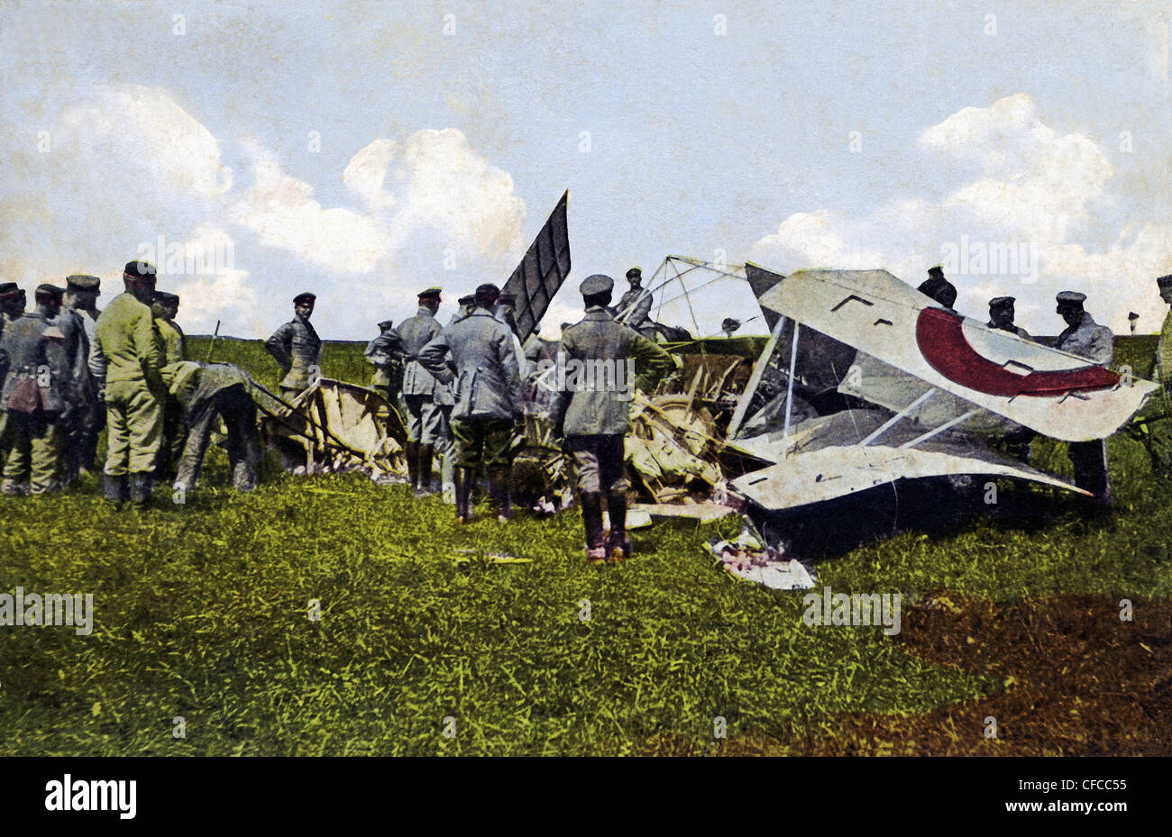 German, soldiers, army, military, crash, crash site, French plane, Western Front, World War I, War, World War, Europe, 1914-1918 Stock Photo
