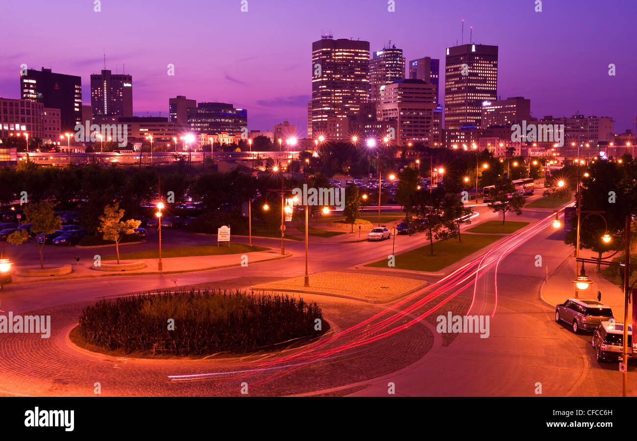 Winnipeg skyline from the Forks, Winnipeg, Manitoba, Canada Stock Photo
