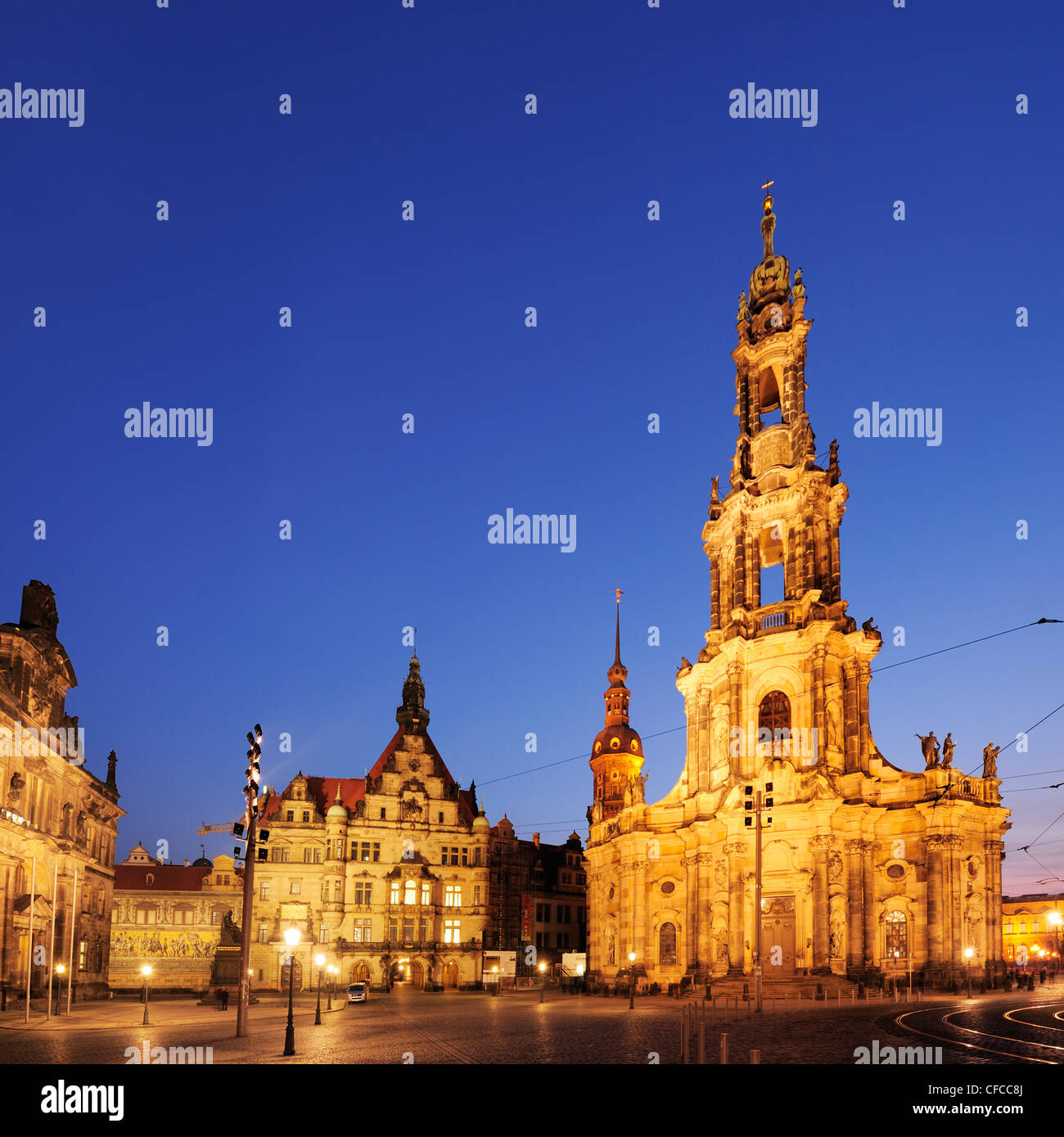 Illuminated Schlossplatz with Staendehaus, castle and cathedral, Schlossplatz, Dresden, Saxony, Germany, Europe Stock Photo