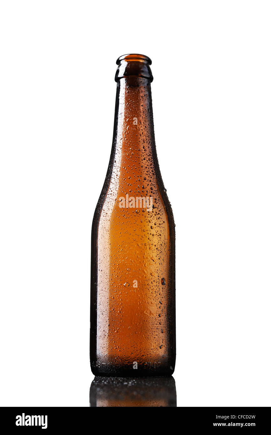 Empty bottle of beer with drops isolated on white background Stock